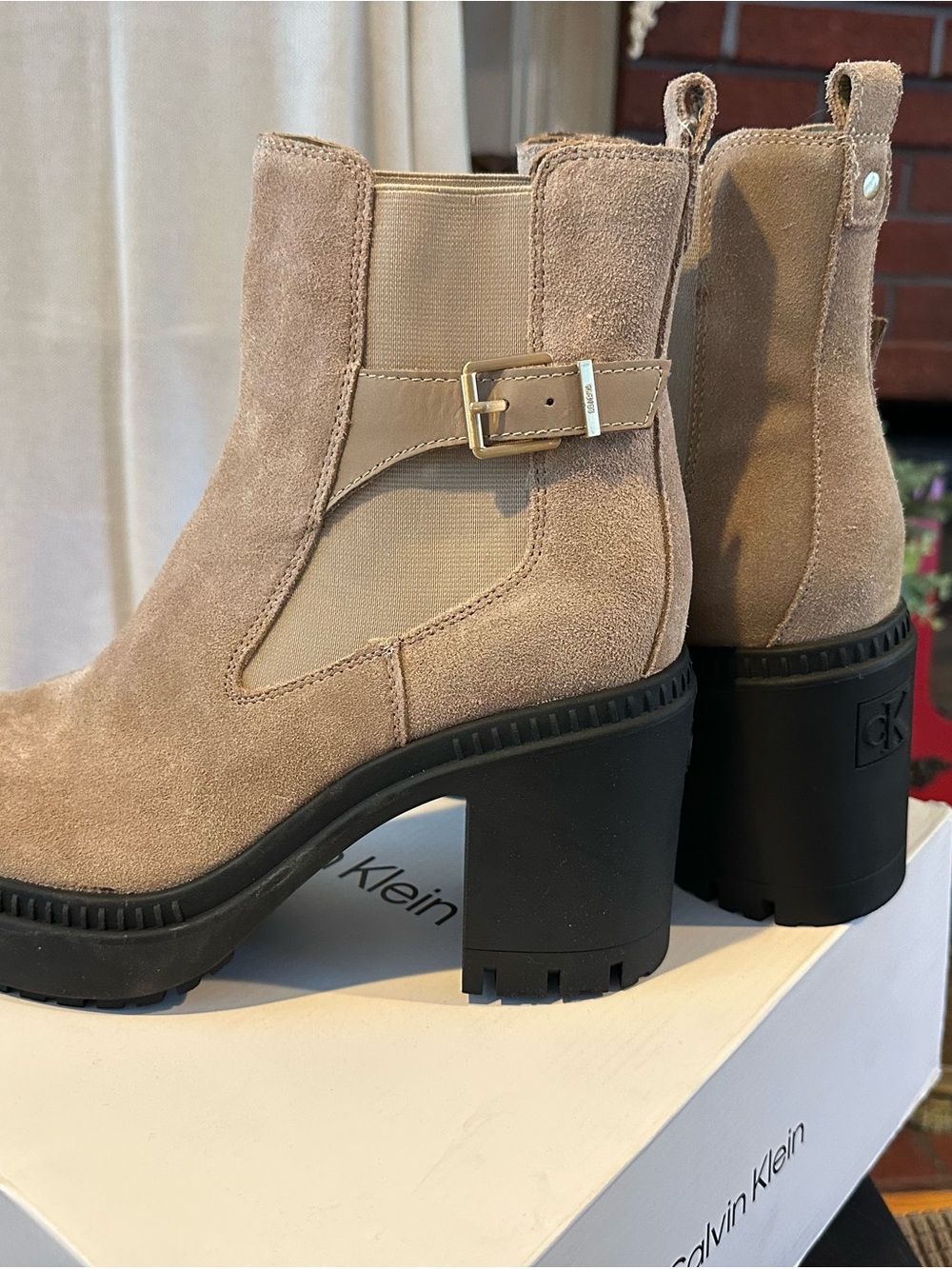 Calvin Klein “Fayth” Chunky Heel Boot: Light Natural 9.5